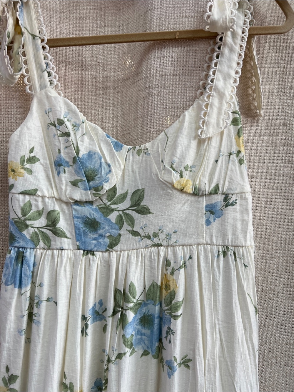White Blue Yellow Floral Tiered Midi Dress Lace Tie Straps Large - Picture 8 of 14